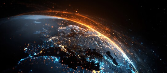 Earth's illuminated cities, viewed from space, with a glowing horizon