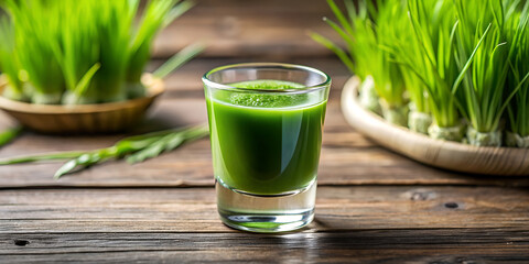 A vibrant green shot of wheatgrass juice in a glass, surrounded by fresh wheatgrass sprouts on a rustic wooden surface, symbolizing health and wellness