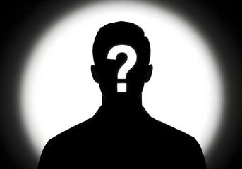 Silhouette of a man with a question mark mystery identity in the shadows