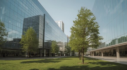 Modern office building with tall glass windows and a clean tiled sidewalk in front 