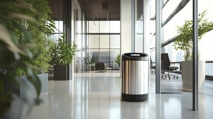 Futuristic sensor operated trash can in a modern office lobby with sleek glass walls indoor plants and polished floors creating a clean and high tech appearance