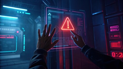 Cyber security alert system interface with hands touching screen for threat detection and prevention