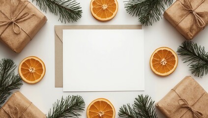 gift boxes on white table and fir branches. box with ribbon bow present on holiday wrapped paper. minimalistic Christmas gifts and card mockup