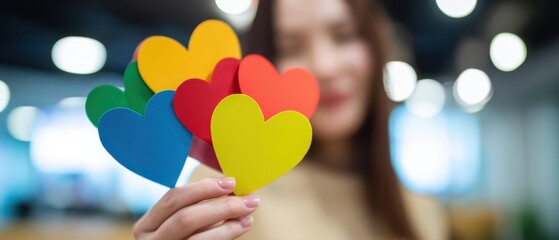 The woman holding colorful paper hearts in a cheerful environment.