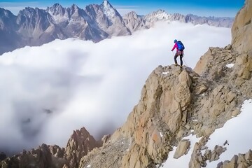Lone hiker stands on a rocky mountain ridge above clouds on a clear day