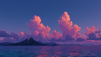 Pink clouds over a still ocean at sunset