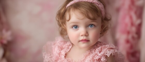 Fototapeta premium The enchanting portrait of a sweet girl in a delicate pink lace outfit.