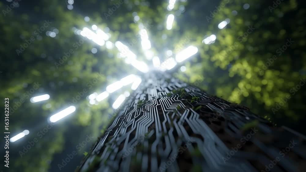 Poster digital tree structure made of circuits and leaves illuminated by glowing lights in a nighttime envi