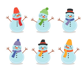 Cartoon-style snowmen with colorful scarves and hats. Cheerful expressions and festive winter accessories. Snowmen vector illustration