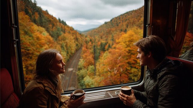 A couple enjoying a scenic train ride through the autumn countryside, sipping warm drinks while admiring panoramic views of colorful forests, surrounded by soft ambient lighting and a romantic, peacef