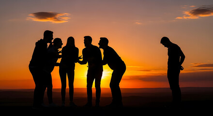 Social Anxiety and Loneliness in a Group Setting, Silhouette of a Person Left Out at Sunset, Conceptual Image of Social Isolation and Exclusion, Feeling Alone While Others Laugh.