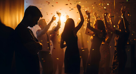 Social Anxiety and Loneliness at a Party, A Person Feeling Excluded in a Crowd, Silhouette of an Introvert at a Celebration, Feeling Alone While Others Have Fun.