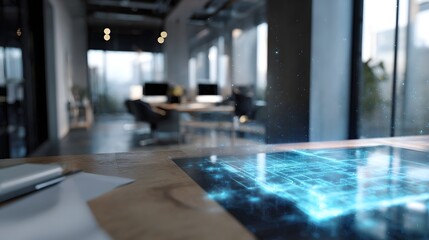 Smart office with holographic projection of digital plans and advanced workspace lighting