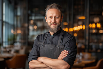 Confident chef smiling in elegant restaurant interior ready to create culinary masterpieces today