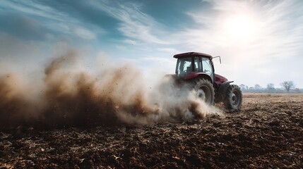 Fototapeta premium Tractor plowing fertile farmland under clear blue sky