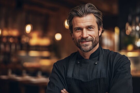 Confident chef smiles warmly in a modern restaurant, ready to create a memorable dining experience
