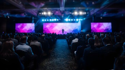 Audience at a marketing conference with a keynote speaker on stage and vibrant lighting
