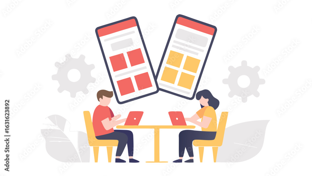 Aufkleber people working on laptops with mobile app interfaces and gears in the background illustration