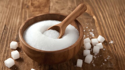 Granulated sugar in bowl on wooden table 