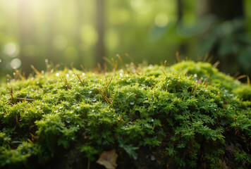 Vibrant green moss covered forest floor, with dewdrops clinging to surface illuminated by soft sunlight. Tiny water droplets sparkle on rich vegetation, creating serene, macro view of nature.