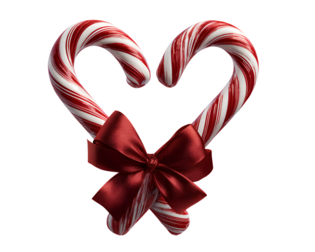 Two Crossed Candy Canes Forming a Heart Shape, Tied with Red Ribbon, Isolated on Transparent Background PNG 