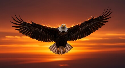 Obraz premium Powerful bald eagle in flight against a fiery sunset.