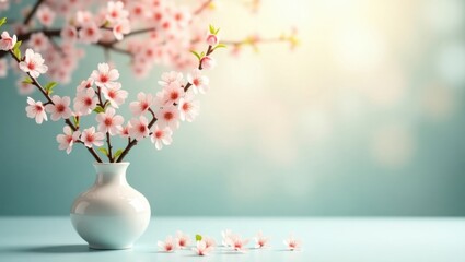 Delicate Spring Blossom Branches in a White Vase Bathed in Soft Sunlight