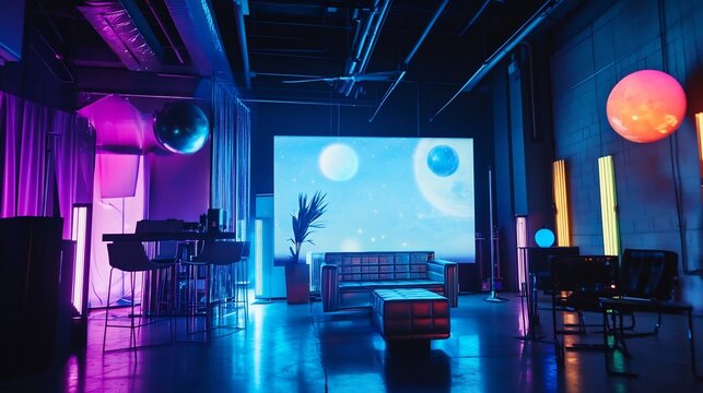 Futuristic space themed event with metallic decor neon lights star projections and planet props creating a sci fi atmosphere with sleek modern furniture and a cosmic color palette