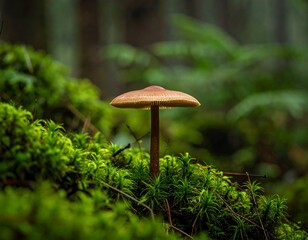 Mushroom in mossy forest floor