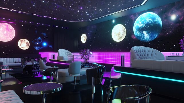Futuristic space themed event with metallic decor neon lights star projections and planet props creating a sci fi atmosphere with sleek modern furniture and a cosmic color palette
