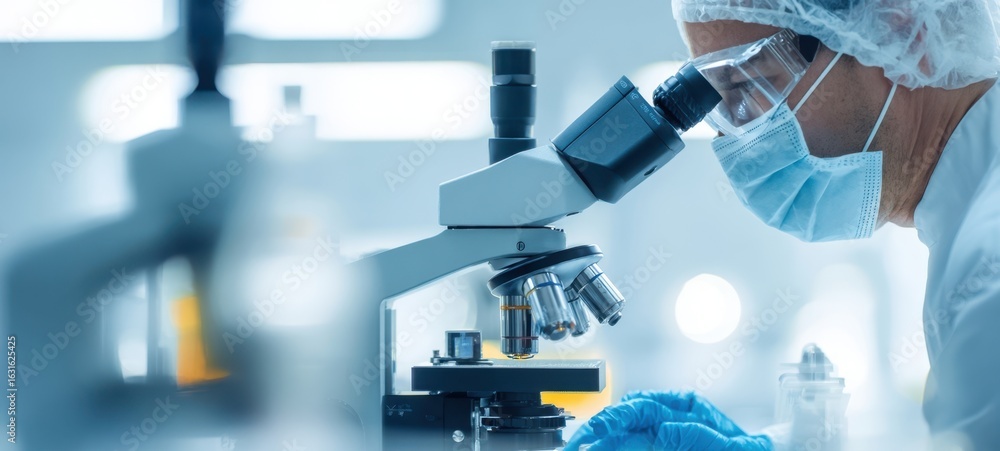 Poster the scientist examining samples under a microscope in a modern laboratory setting.