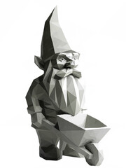 Abstract sculpture of a garden gnome holding a wheelbarrow. The sculpture is crafted entirely in a distinctive geometric low-poly style.