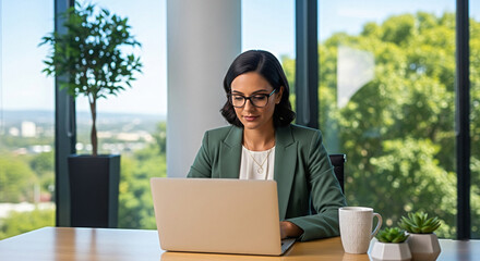 Focused businesswoman typing on laptop at modern desk, professional office with bright natural light and greenery