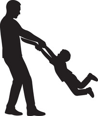 A silhouette of a father swinging his child by the arms, playful pose, minimal black vector, white background