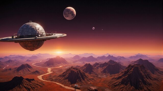 A futuristic space station orbiting a vibrant alien planet at sunset with rings and multiple moons, AI Generative - Powered by Adobe