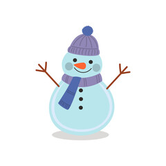 Cheerful cartoon snowman with blue scarf and hat – festive winter vector illustration perfect for Christmas cards, seasonal decor, and kids’ holiday projects.