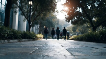 Students walking on a scenic university campus pathway