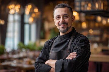 Obraz premium Confident chef smiles proudly in his vibrant restaurant, ready to welcome guests and serve exquisite cuisine