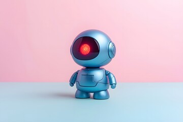 A cute blue robot on a minimalist pastel background with one red eye is commonly used in modern tech