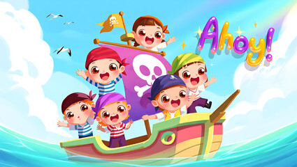 Naklejka premium A whimsical pirate cartoon crew kid-friendly on a mini ship shouting 'Ahoy!' with colorful bubbly pirate-style letters floating in the air
