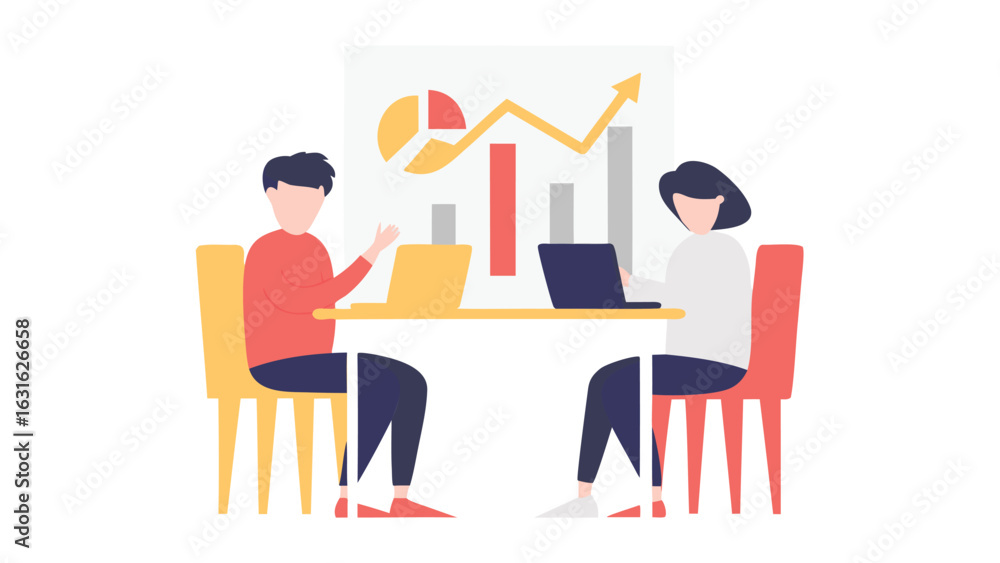 Aufkleber two people working at a table with laptops in front of a chart showing business growth and statistic