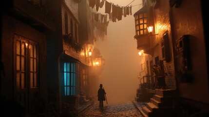Knocker-Up with Long Wake-Up Rod A foggy alley in an old English neighborhood.