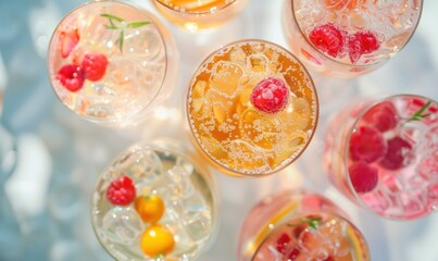 Refreshing fruit infused drinks with ice in glass overhead arrangement