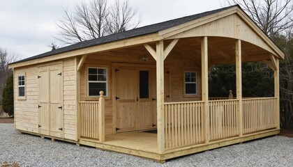 Two-story wooden cabin nestled in woodland area with sloping roof. Porch features central entrance, small window, and wooden deck. Light brown wood with darker accents. Second floor has second door.