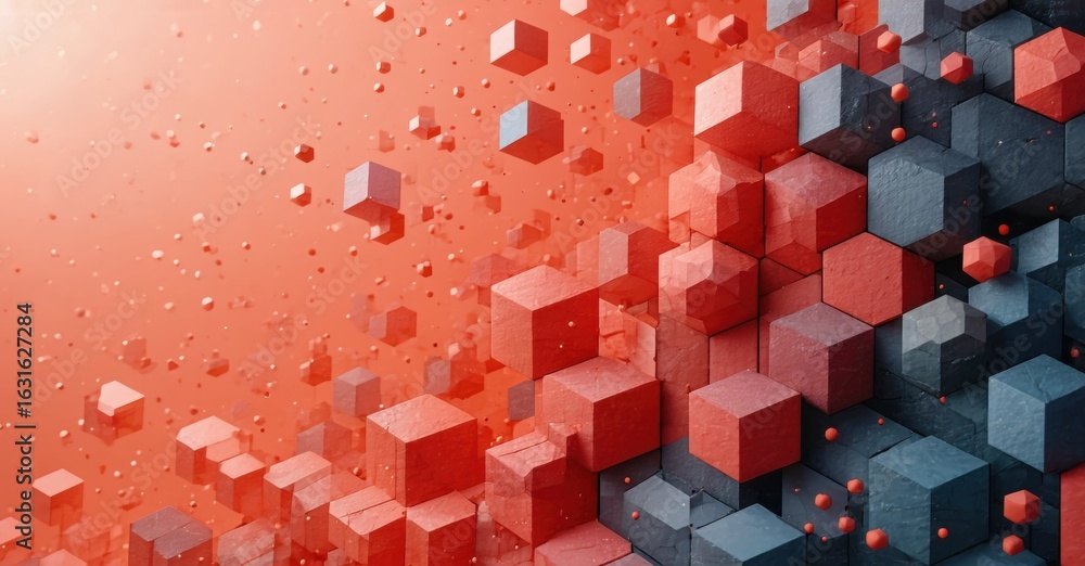 Poster abstract cubes explode, forming complex structure. red, orange hues dominate visual space. depth cre