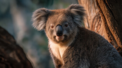 Fototapeta premium Koala Looking Alert Golden Hour Clean Background