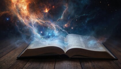 Book with blue background, white pages on wooden surface. Pages slightly torn, background filled with orange, blue hues. Title, subject visible. Study physics, general relativity, gravity equation.