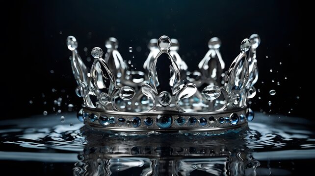 A regal silver crown adorned with sparkling blue gems, delicately resting on the surface of dark, rippling water with scattered droplets, evoking a sense of luxury, power, and majesty