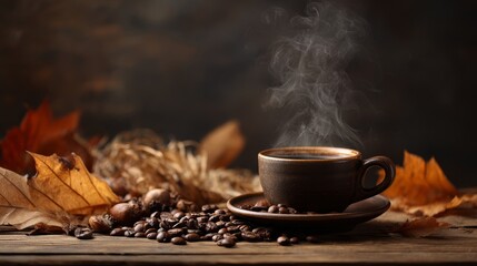 Coffee steaming in a brown cup on a saucer surrounded by coffee beans nuts and autumn leaves on a wooden surface