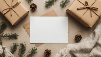 gift boxes on white table and fir branches. box with ribbon bow present on holiday wrapped paper. minimalistic Christmas gifts and card mockup